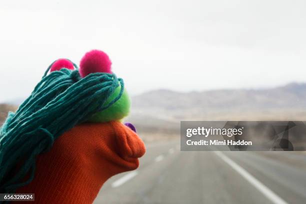 Sock Puppet Looking Out Car Window on a Road Trip in Desert