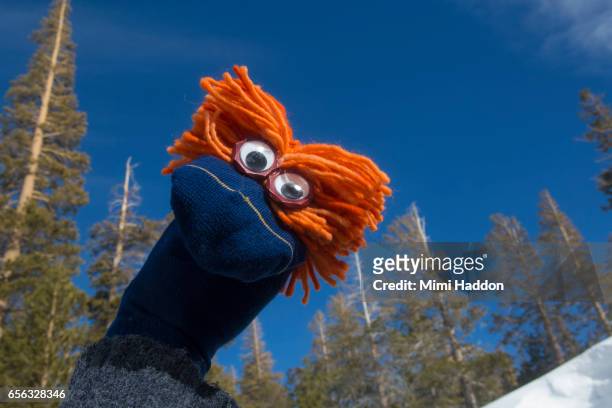 blue sock puppet with orange hair in mountains with snow - puppeteer photos et images de collection