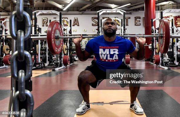 Myron Rolle works out in the Florida State University football team's weight room on Thursday, March 16, 2017. Rolle is a former FSU football player,...