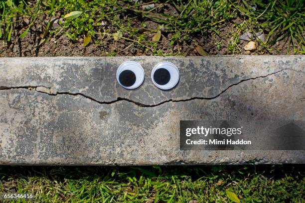 googly eyes on cracked sidewalk making a smiley face - googly eyes 個照片及圖片檔