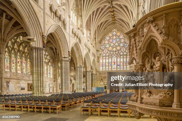 the nave of exeter cathedral, uk. - exeter devon stock-fotos und bilder