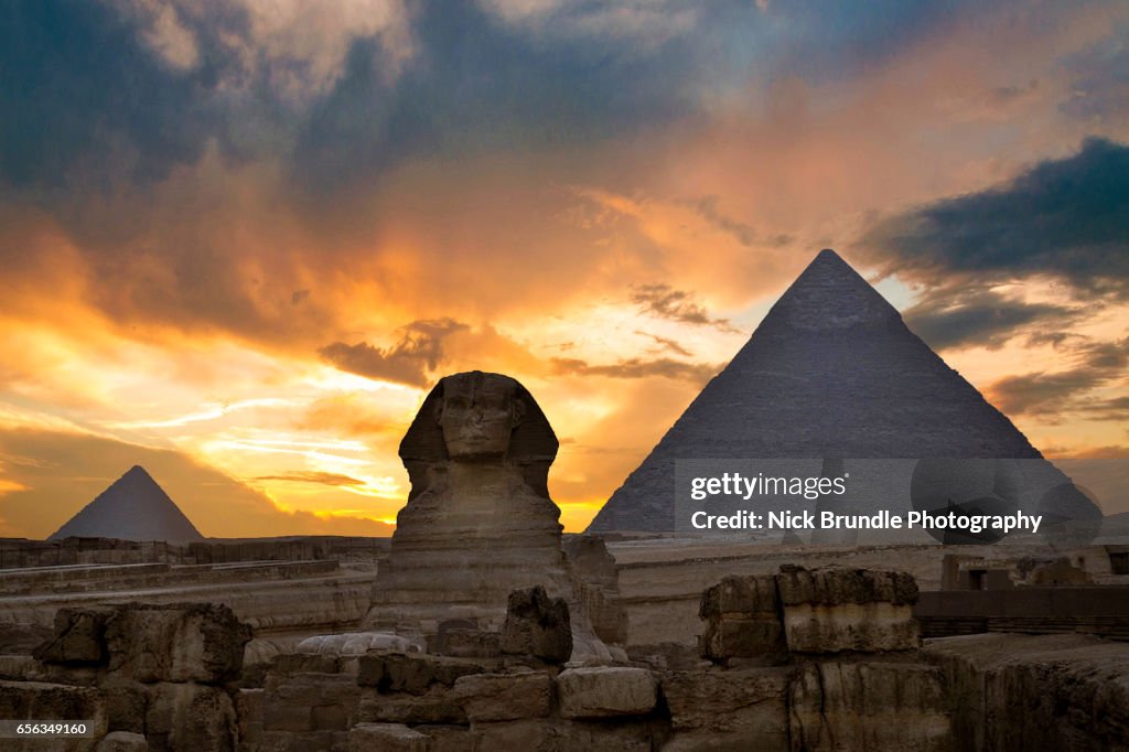 Sunset at the the Pyramid complex at Giza, Egypt.