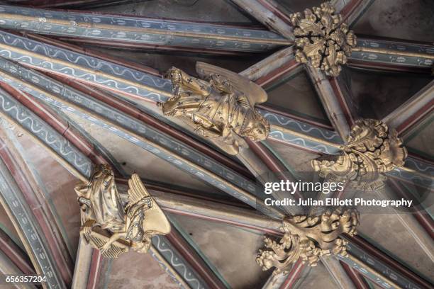 angels in gloucester cathedral choir roof. - angels stock pictures, royalty-free photos & images