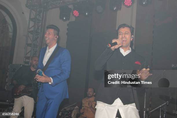 Bollywood singers Salim and Sulaiman Merchant performing during the roka ceremony of Kumar Dhruva and Taru Jain, on March 19 in New Delhi, India....