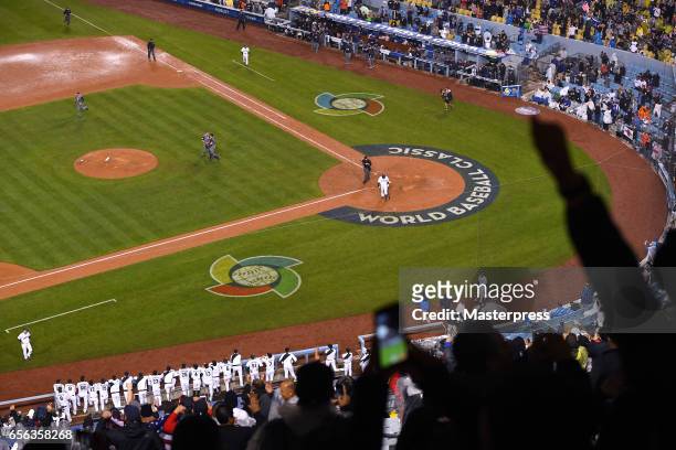 Nobuhiro Matsuda of Team Japan strikes out to end Game 2 of the Championship Round of the 2017 World Baseball Classic against Team USA at Dodger...