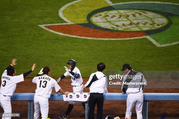 Ryosuke Kikuchi of Japan celebrates his game-tying home run with teammates in the six inning during the Game 2 of the Championship Round of the 2017...