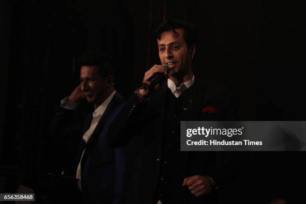 Bollywood singers Salim and Sulaiman Merchant performing during the roka ceremony of Kumar Dhruva and Taru Jain, on March 19 in New Delhi, India....