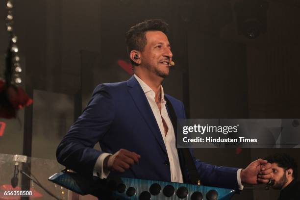 Bollywood singer Sulaiman Merchant performing during the roka ceremony of Kumar Dhruva and Taru Jain, on March 19 in New Delhi, India. Kumar Dhruva,...