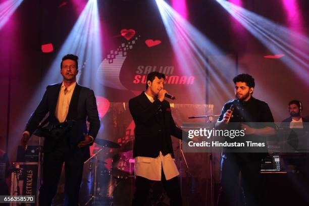 Bollywood singers Salim and Sulaiman Merchant performing during the roka ceremony of Kumar Dhruva and Taru Jain, on March 19 in New Delhi, India....