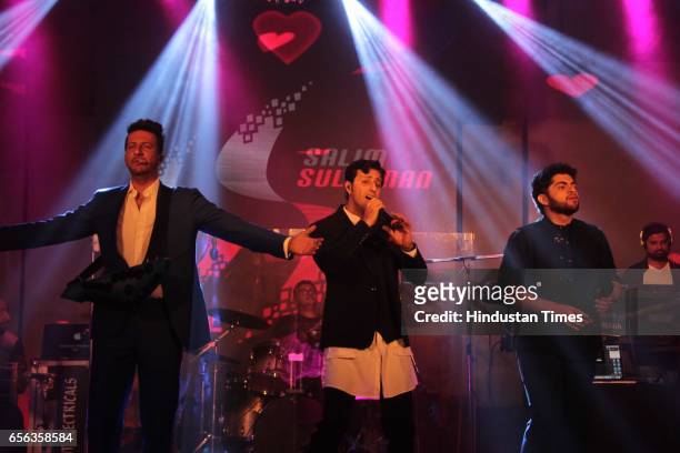Bollywood singers Salim and Sulaiman Merchant performing during the roka ceremony of Kumar Dhruva and Taru Jain, on March 19 in New Delhi, India....