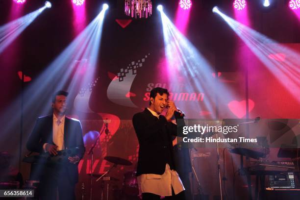 Bollywood singers Salim and Sulaiman Merchant performing during the roka ceremony of Kumar Dhruva and Taru Jain, on March 19 in New Delhi, India....