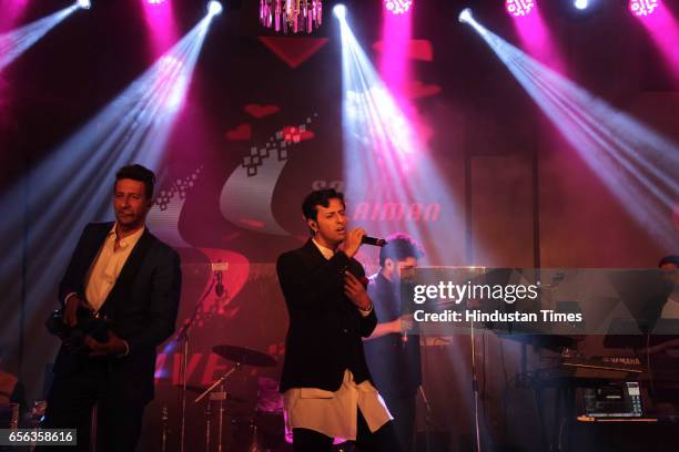 Bollywood singers Salim and Sulaiman Merchant performing during the roka ceremony of Kumar Dhruva and Taru Jain, on March 19 in New Delhi, India....