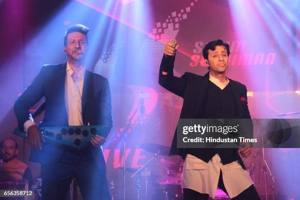 Bollywood singers Salim and Sulaiman Merchant performing during the roka ceremony of Kumar Dhruva and Taru Jain, on March 19 in New Delhi, India....