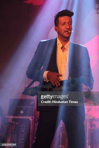 Bollywood singer Sulaiman Merchant performing during the roka ceremony of Kumar Dhruva and Taru Jain, on March 19 in New Delhi, India. Kumar Dhruva,...