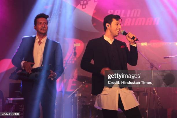 Bollywood singers Salim and Sulaiman Merchant performing during the roka ceremony of Kumar Dhruva and Taru Jain, on March 19 in New Delhi, India....