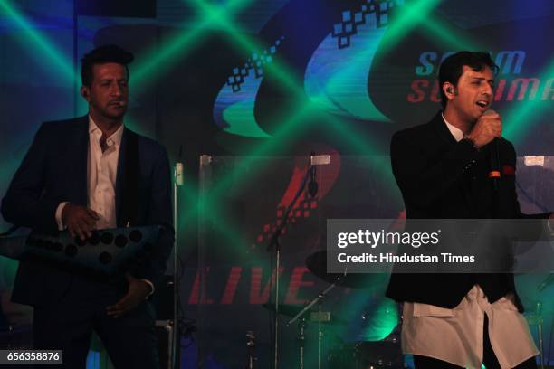 Bollywood singers Salim and Sulaiman Merchant performing during the roka ceremony of Kumar Dhruva and Taru Jain, on March 19 in New Delhi, India....