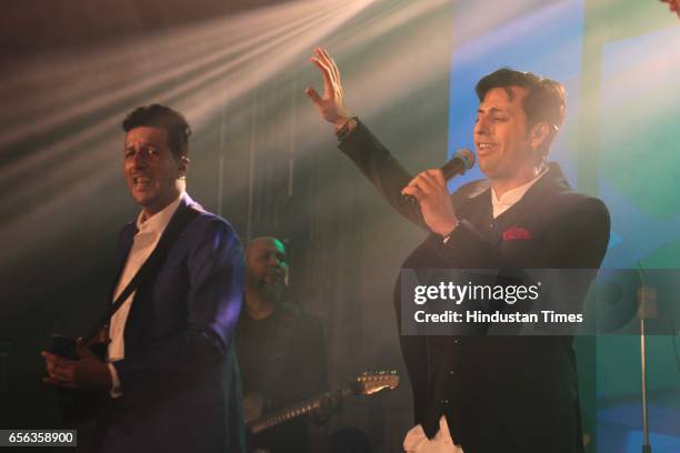 Bollywood singers Salim and Sulaiman Merchant performing during the roka ceremony of Kumar Dhruva and Taru Jain, on March 19 in New Delhi, India....