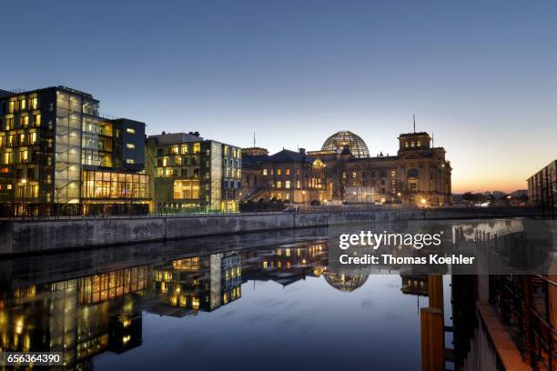 Berlin, Germany German Reichstag at the river Spree at evening light on February 15, 2017 in Berlin, Germany.