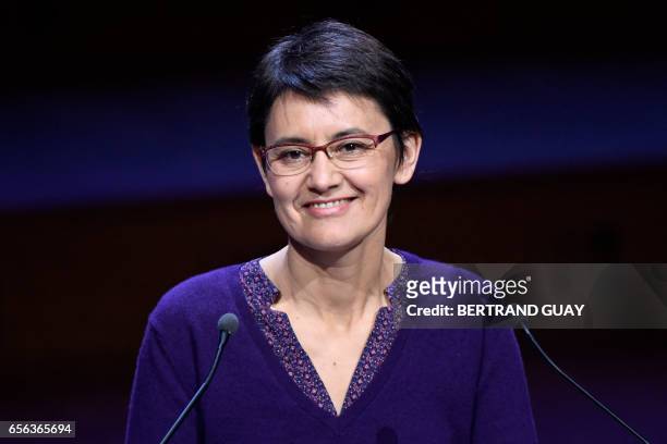 French presidential election candidate for the far-left Lutte Ouvriere party Nathalie Arthaud delivers a speech during an exceptional gathering of...
