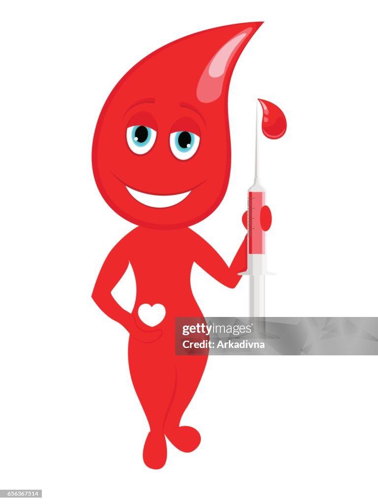 Personaje De Dibujos Animados De La Gota De Sangre Gota De Sangre Con Una  Jeringa Y Corazón En Dibujos Animados Ilustración de stock - Getty Images