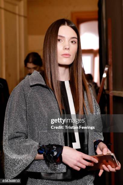 Model backstage ahead of the Mehtap Elaidi show during Mercedes-Benz Istanbul Fashion Week March 2017 at Grand Pera on March 22, 2017 in Istanbul,...