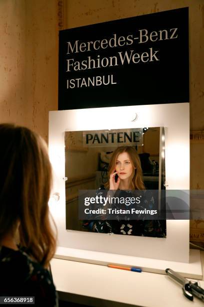 Model backstage ahead of the Mehtap Elaidi show during Mercedes-Benz Istanbul Fashion Week March 2017 at Grand Pera on March 22, 2017 in Istanbul,...