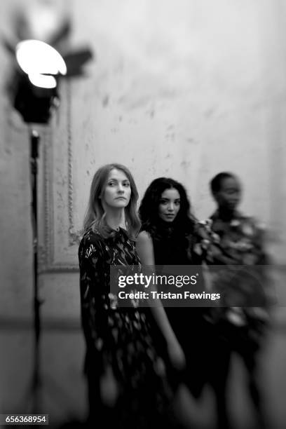 Models backstage ahead of the Mehtap Elaidi show during Mercedes-Benz Istanbul Fashion Week March 2017 at Grand Pera on March 22, 2017 in Istanbul,...