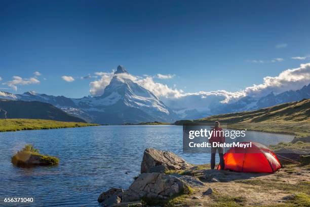 mountain camping at sunny day with view to matterhorn - matterhorn switzerland stock pictures, royalty-free photos & images