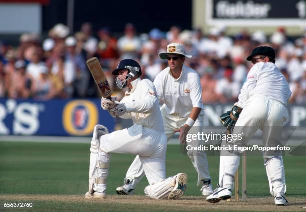 John Crawley batting for England during the 5th Test match between England and Australia at Trent Bridge, Nottingham, 8th August 1997. The fielders...