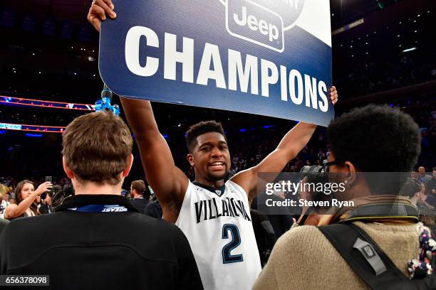 Kris Jenkins of the Villanova Wildcats celebrates his teams victory over the Creighton Bluejays for the Big East Basketball Tournament - Championship...