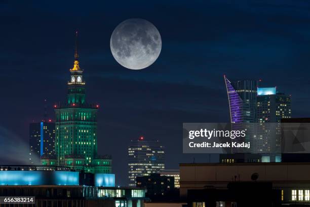 full moon over warsaw - warsaw aerial stock pictures, royalty-free photos & images