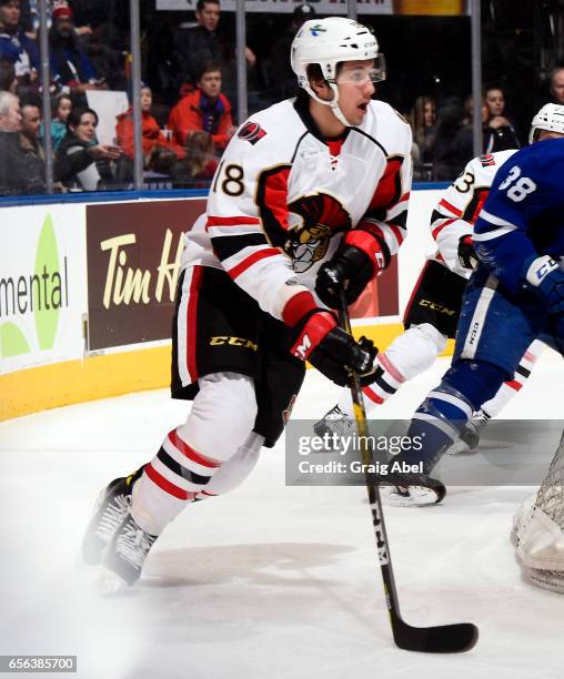 Gabriel Gagne of the Binghamton Senators turns up ice against the Toronto Marlies on March 18, 2017 at Air Canada Centre in Toronto, Ontario, Canada.