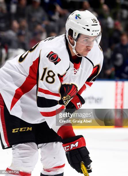 Gabriel Gagne of the Binghamton Senators prepares for a face-off against the Toronto Marlies on March 18, 2017 at Air Canada Centre in Toronto,...