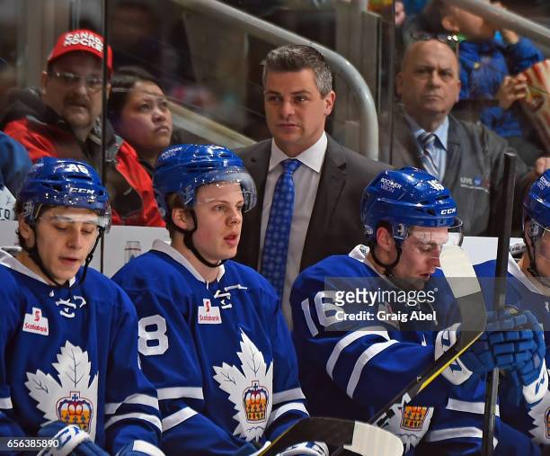 Head Coach Sheldon Keefe of the Toronto Marlies watches the play against the Binghamton Senators on March 18, 2017 at Air Canada Centre in Toronto,...