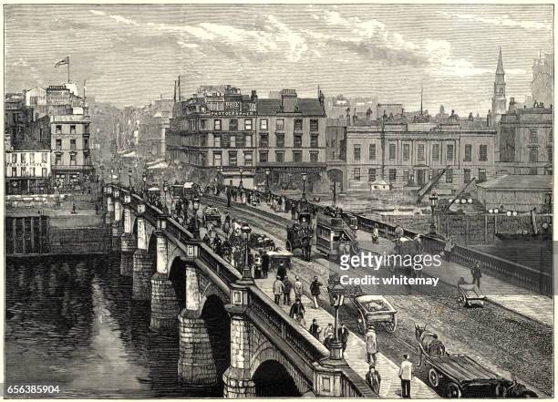 ilustraciones, imágenes clip art, dibujos animados e iconos de stock de puente broomielaw, glasgow (grabado victoriano) - clyde river