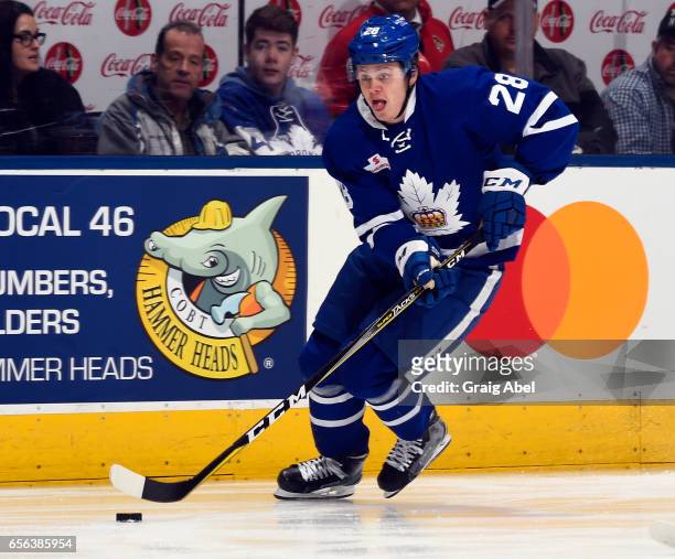 Kasperi Kapanen of the Toronto Marlies controls the puck against the of the Binghamton Senators on March 18, 2017 at Air Canada Centre in Toronto,...