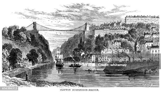 clifton suspension bridge, bristol (victorian engraving) - tugboat stock illustrations