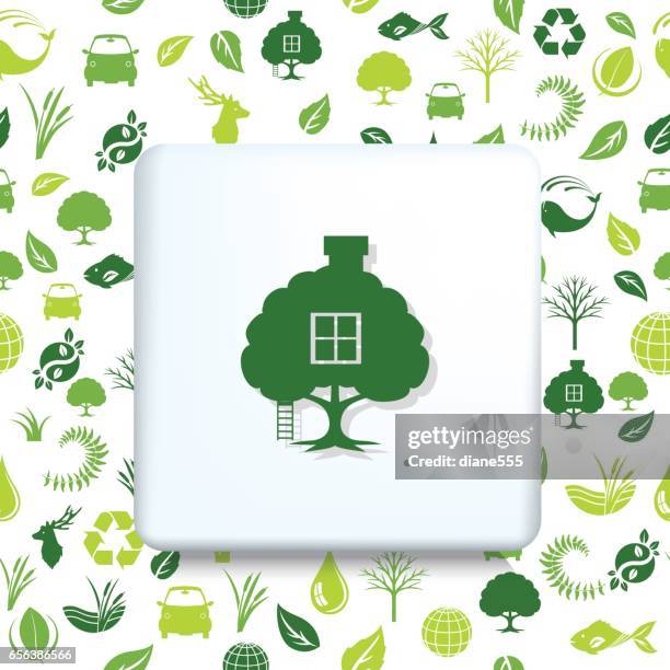 environment icons on a shape over a seamless pattern - treehouse stock illustrations