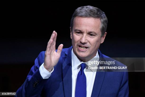 French presidential election candidate for the right-wing Debout la France party Nicolas Dupont-Aignan delivers a speech during an exceptional...