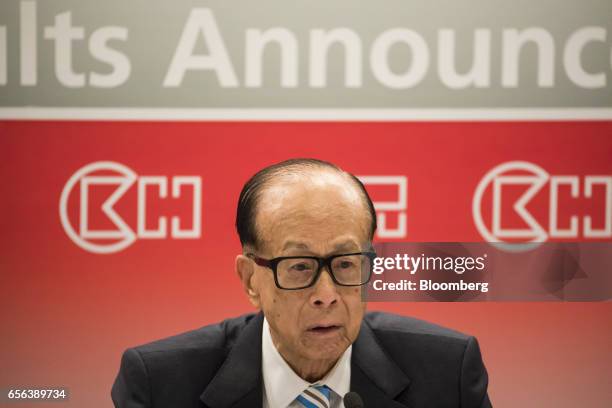 Billionaire Li Ka-shing, chairman of CK Hutchison Holdings Ltd. And Cheung Kong Property Holdings Ltd., speaks during a news conference in Hong Kong,...