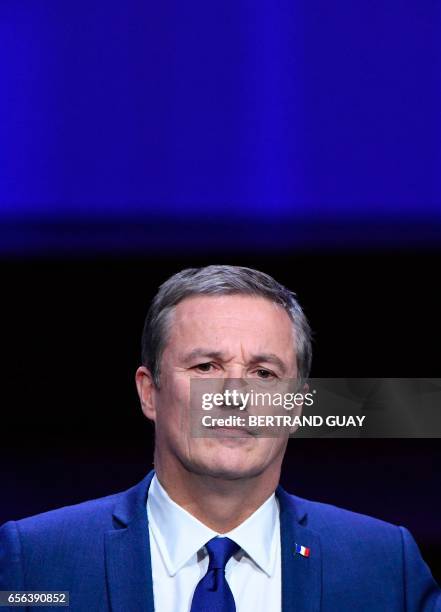 French presidential election candidate for the right-wing Debout la France party Nicolas Dupont-Aignan delivers a speech during an exceptional...