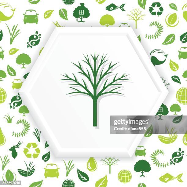 environment icons on a shape over a seamless pattern - treehouse stock illustrations