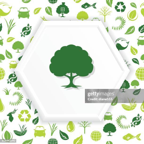 environment icons on a shape over a seamless pattern - treehouse stock illustrations