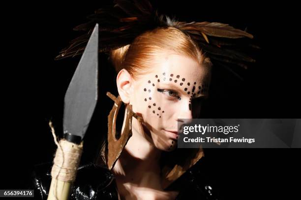 Model, fashion detail, walks the runway at the Ceren Ocak show during Mercedes-Benz Istanbul Fashion Week March 2017 at Grand Pera on March 22, 2017...