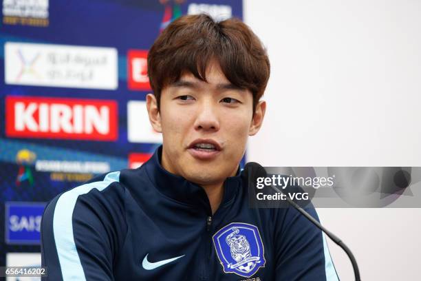 Hong Jeong-ho of South Korea attends a press conference before the 2018 FIFA World Cup Qualifiers match against South Korea on March 22, 2017 in...