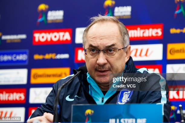 South Korean team manager Uli Stielike attends a press conference before the 2018 FIFA World Cup Qualifiers match against South Korea on March 22,...