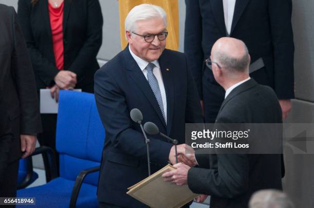 New President Frank-Walter Steinmeier is sworn in by President of the German Bundestag Norbert Lammert on March 22, 2017 at Bundestag in Berlin,...