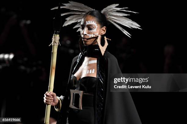 Model walks the runway at the Ceren Ocak show during Mercedes-Benz Istanbul Fashion Week March 2017 at Grand Pera on March 22, 2017 in Istanbul,...