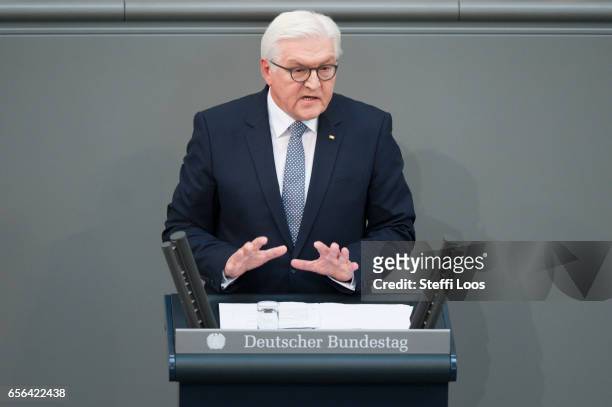 New German President Frank-Walter Steinmeier holds a speech after his swearing-in ceremony at Bundestag on March 22, 2017 in Berlin, Germany....