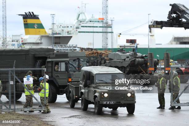 British Army convoy of the 5th Battalion The Rifles head out after arriving by ship on March 22, 2017 at Paldiski, Estonia. British heavy tanks,...